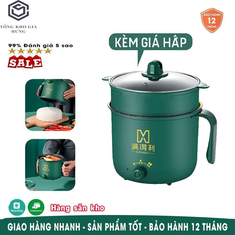 Nồi Lẩu Mini, Ca Nấu Mì Nấu Cơm Đa Năng Có Tay Cầm 1,8L - Nồi Lẩu Điện 2 Nấc Nhiệt Kèm Giá Hấp Siêu Hot (Xửng hấp= nhựa)