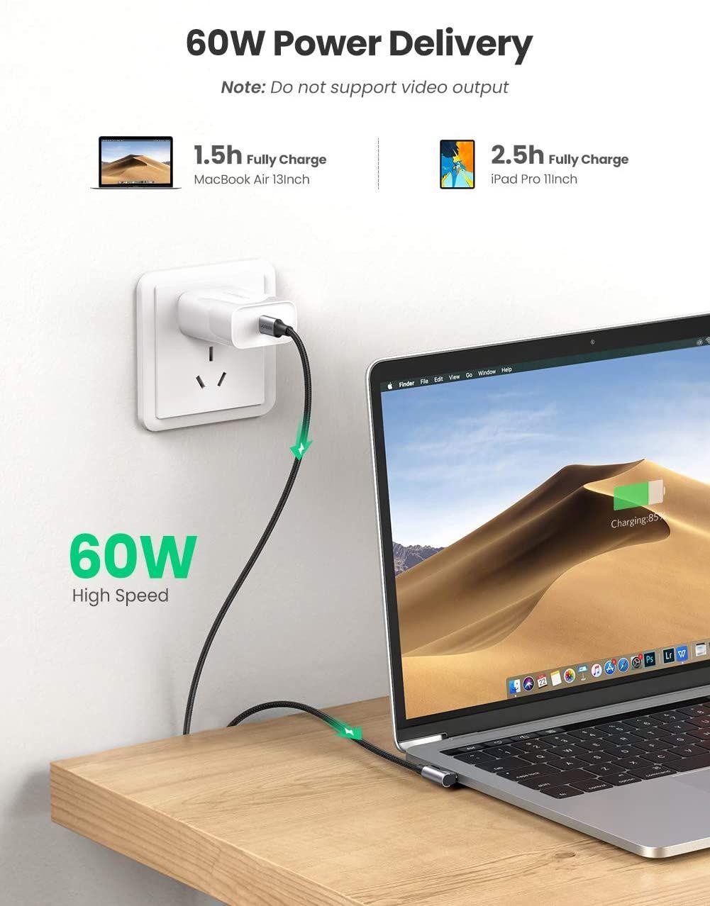 Ugreen UG50125US255TK 2M 60W bẻ góc 90 độ hỗ trợ sạc nhanh PD cáp USB type C màu đen mạ nickel đầu bọc nhôm - HÀNG CHÍNH HÃNG