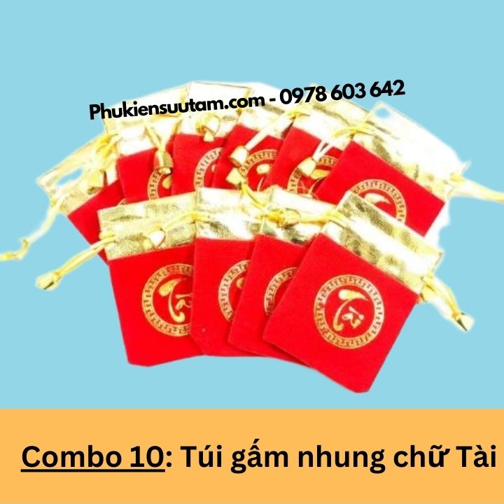 Combo 10 Túi Gấm Nhung Chữ Tài, kích thước: 9cmx7cm, màu đỏ - SP005955