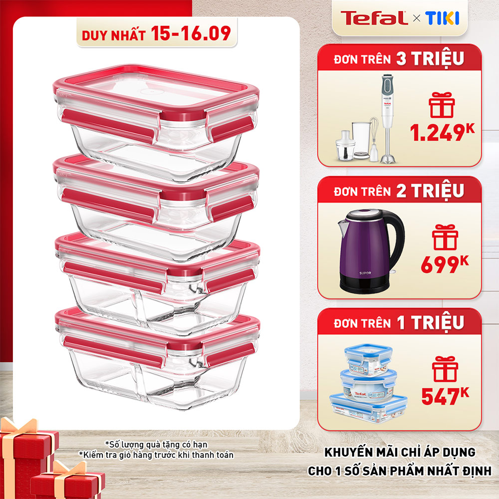 Bộ 4 hộp thủy tinh vuông Tefal Masterseal Glass 450ml x 2, 800ml x 2 - đỏ