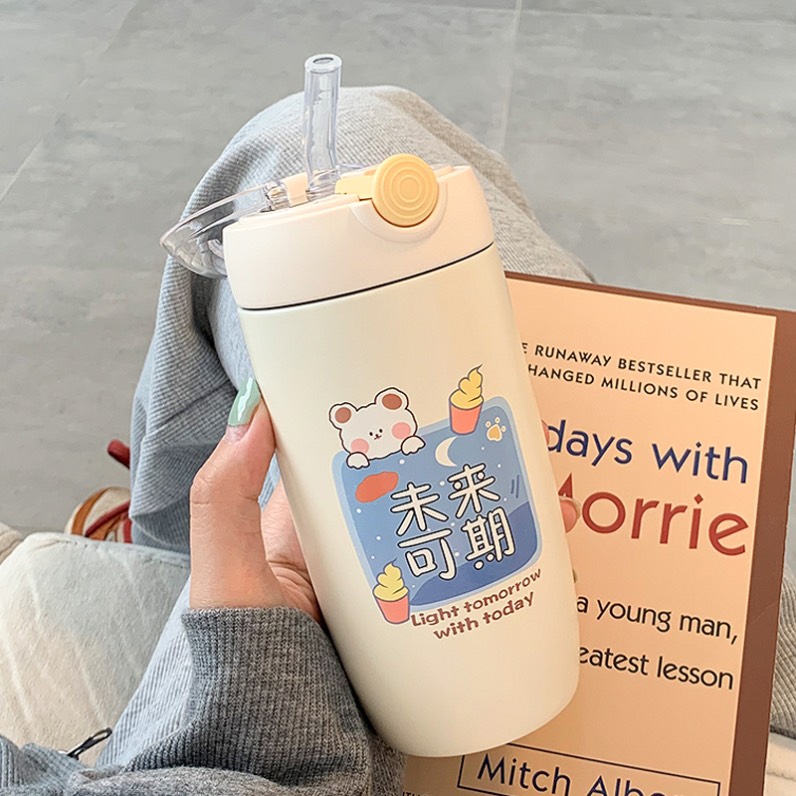 Bình Giữ Nhiệt Cute 450ML Inox304 Phong Cách Dễ Thương Có Ống Hút Kèm Theo