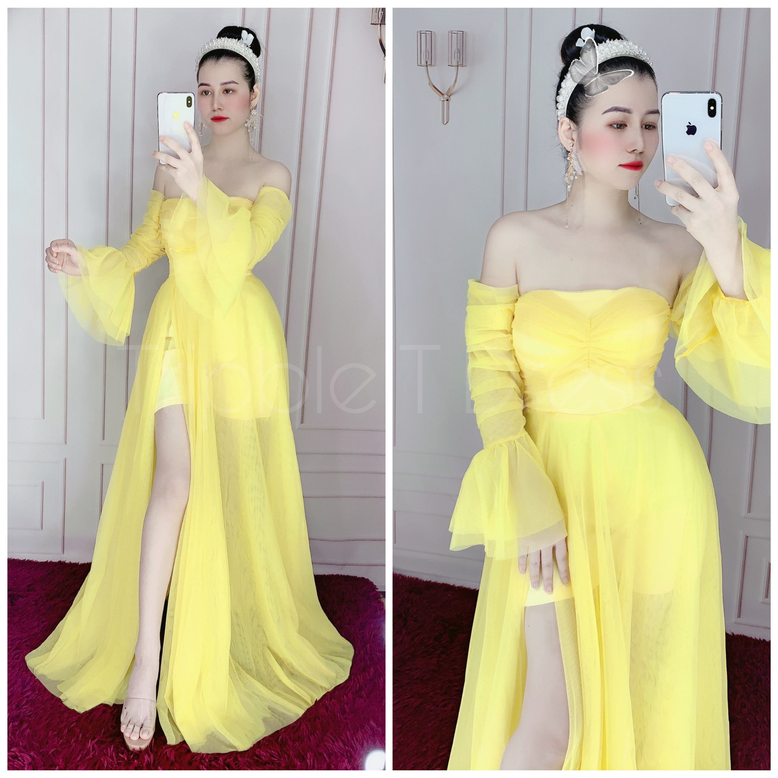 Đầm maxi dự tiệc tay loa xẻ đùi trễ vai lưới TRIPBLE T DRESS - size M/L - MS246V