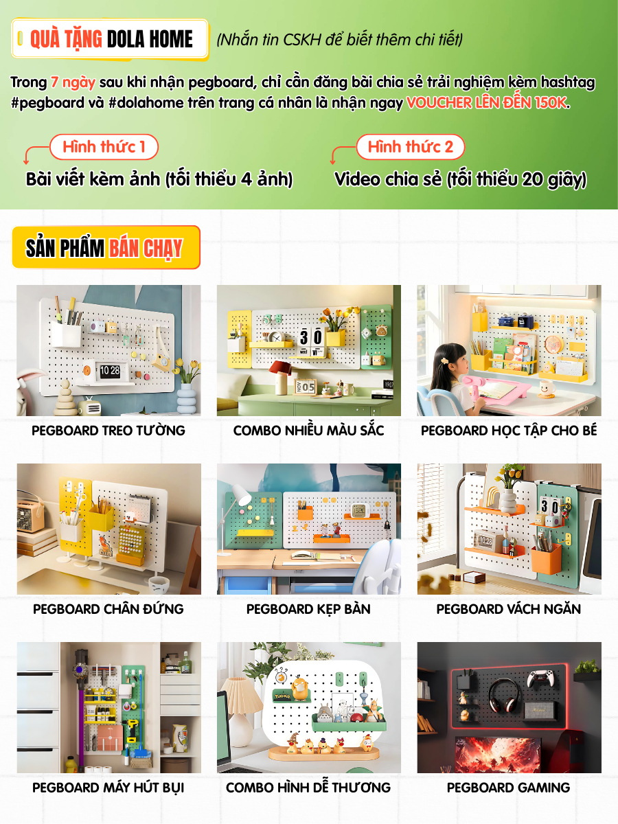 Pegboard Dola Home Setup Full KIM LOẠI không khoan tường để bàn phím, tai nghe, đồ dùng làm việc