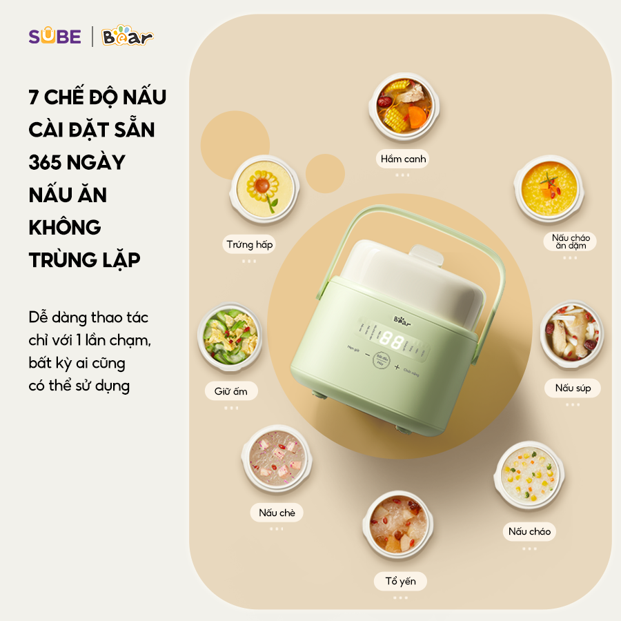 Nồi Nấu Chậm Bear 1L Chính Hãng 8 Chế Độ Nấu Hầm Chưng Yến Tiết Kiệm Thời Gian Giữ Trọn Dinh Dưỡng SB-NNC10 - Hàng Chính Hãng
