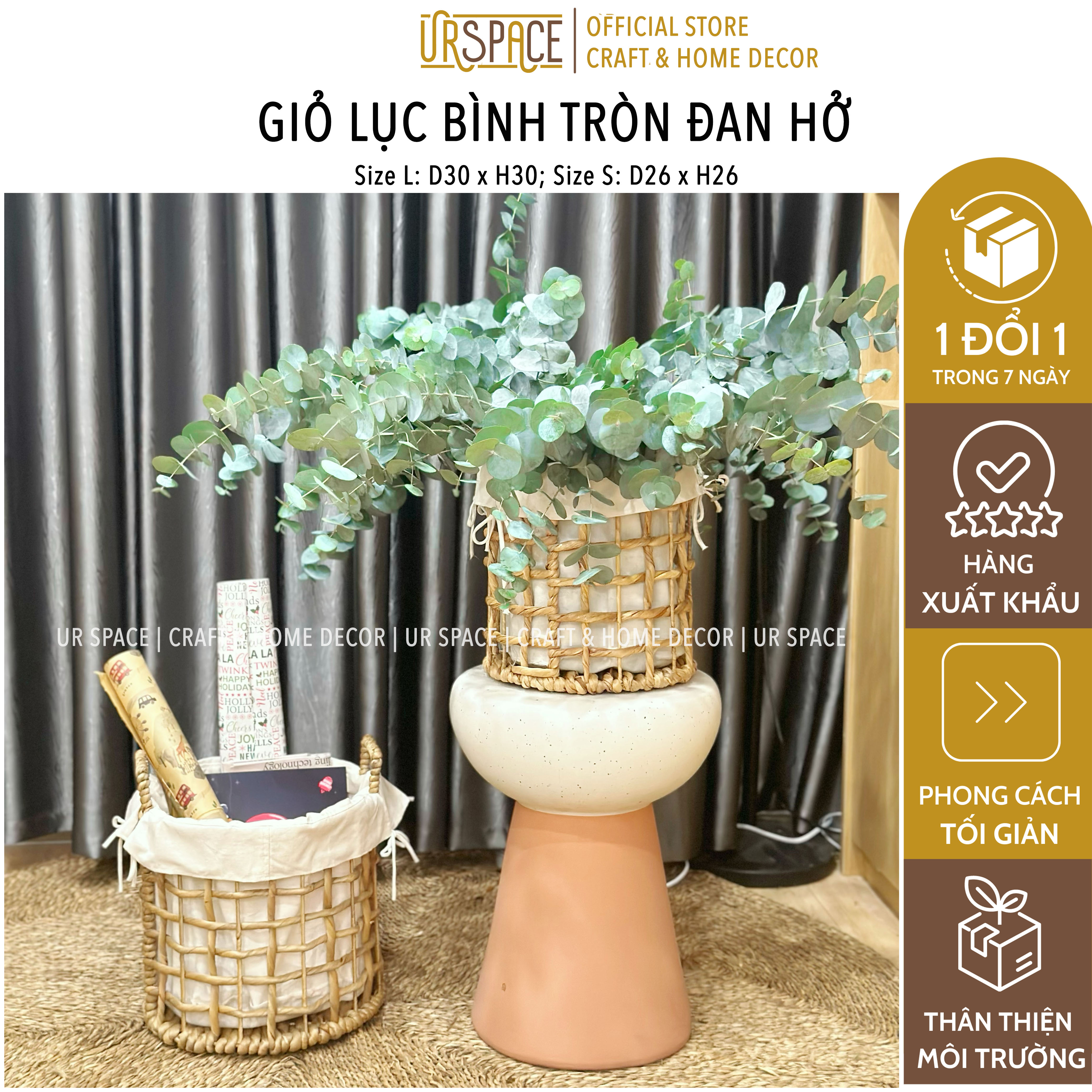 Giỏ lục bình URSPACE trồng cây decor trang trí, đựng quần áo giặt hình tròn có quai cầm / ROUND HYACINTH BASKET