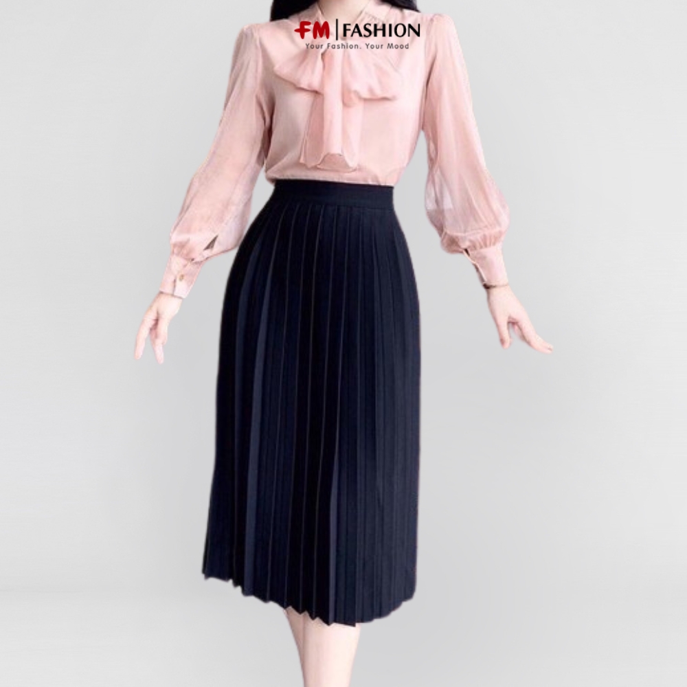 Chân váy công sở Fmstyle dài qua gối xếp ly lai thun phong cách Hàn Quốc 209190099