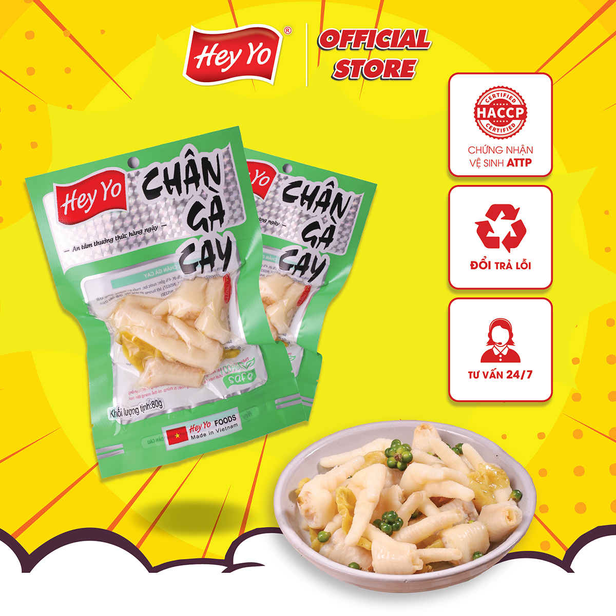Chân gà cay 80g Hey Yo, chân gà ngâm ớt xanh hàng Việt Nam đảm bảo VSATTP