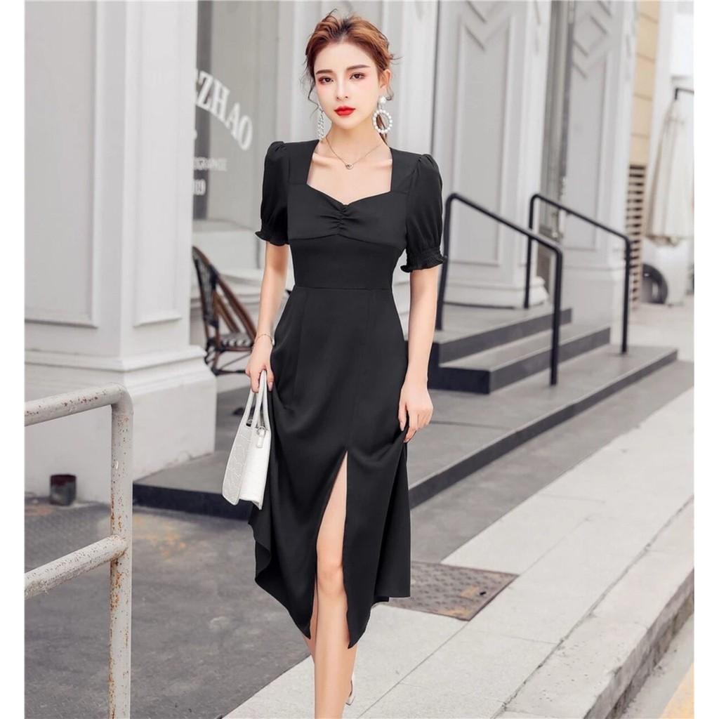 Váy đầm nữ dáng xòe kiểu tay phồng nhún ngực chất umi mềm mịn thoải mái cho người mặc AM