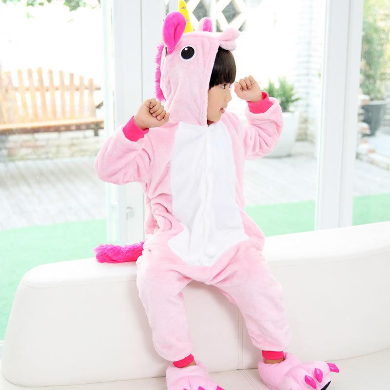 Bộ đồ ngủ hình thú kỳ lân hồng liền thân lông mịn Pijama Cosplay 1911