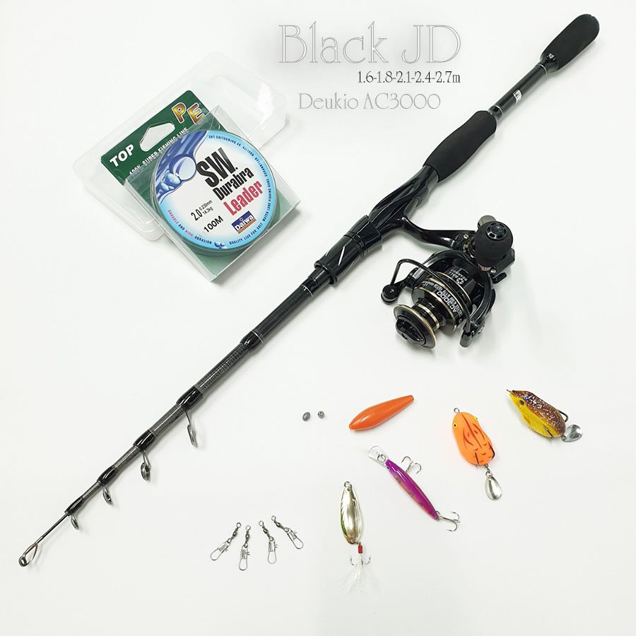 Bộ cần câu lure máy Đứng JD rút gọn 60cm làm từ carbon kèm máy Deukio AC3000 và hộp mồi lure BCM14