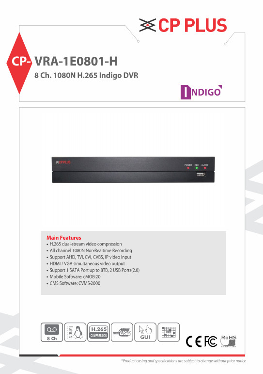 Đầu Ghi Hình Camera CP PLUS DVR 8 Kênh CP-VRA-1E0804-H, 1080 Lite/H265/ 1 Khay HDD, Hỗ Trợ AHD/TVI/CVI/CVBS, IP Video Input | CCTV Digital Video Recorder (DVR) - Hàng Chính Hãng