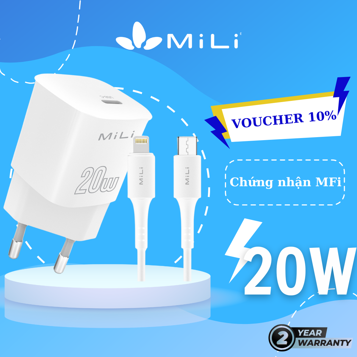 Combo 20W cho táo - sạc nhanh MiLi PD 20W - HC-H26 và Cáp C to Light ning MiLi - HI-L70 - Hàng chính hãng