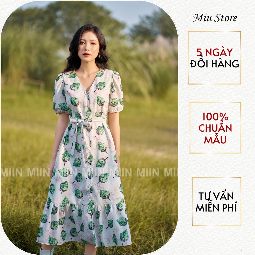 D00579 - Đầm thiết kế cao cấp dáng suông cổ tim hoạ tiết lá Miu Store