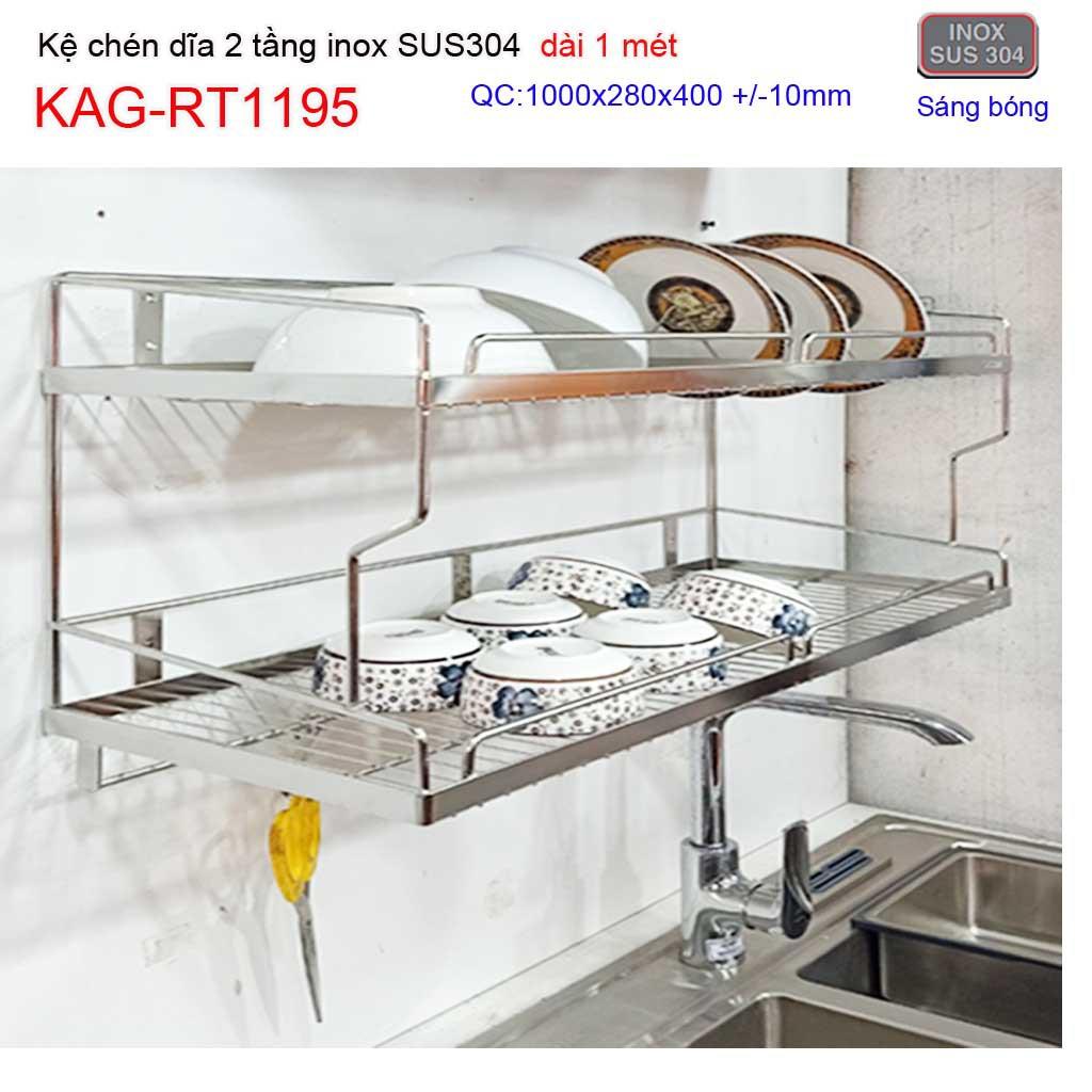 Kệ đựng chén bát inox SUS304 KAG-RT1195- dài 1m, kệ úp chén dĩa 2 tầng inox 304 dài 100cm