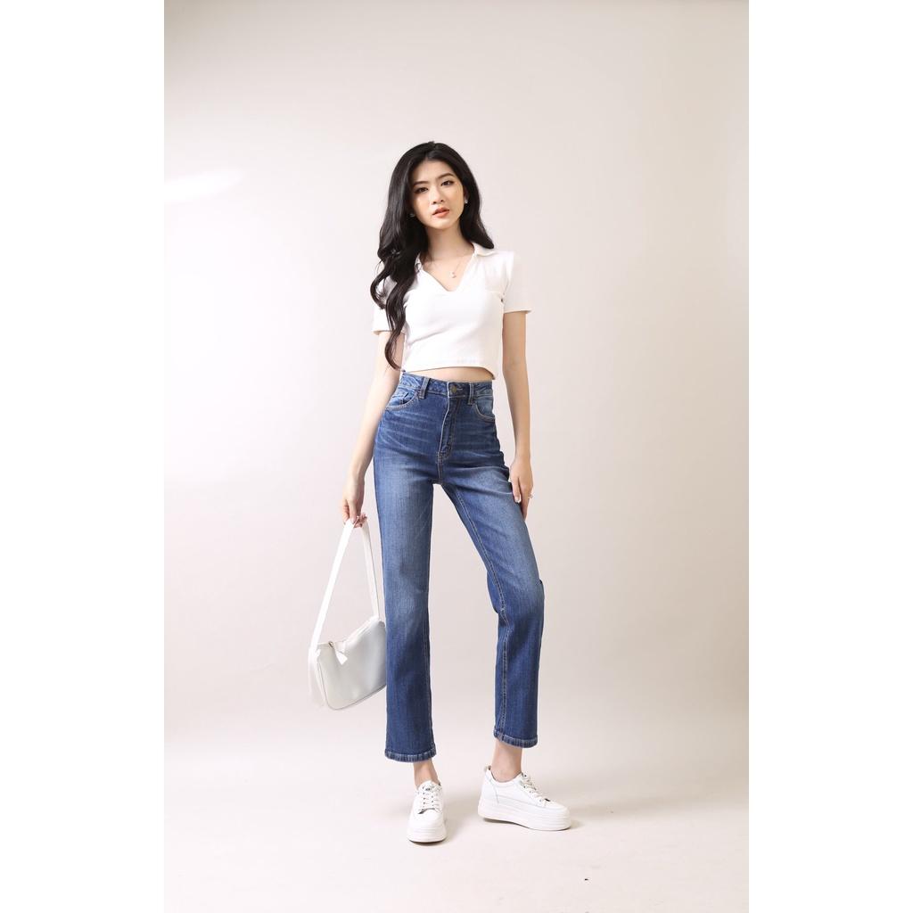 Quần Jean Nữ Ống Suông Đứng Cạp Cao gấu thường CT Jeans