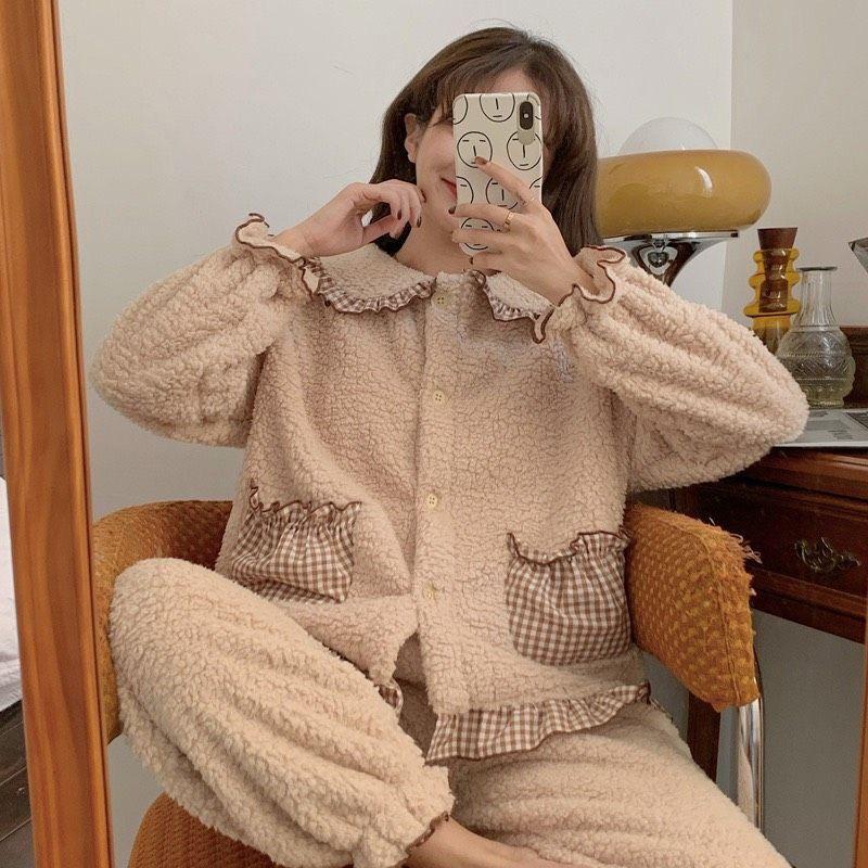 Bộ Pyjama Nữ Cute Vải Lông Cừu Dài Tay