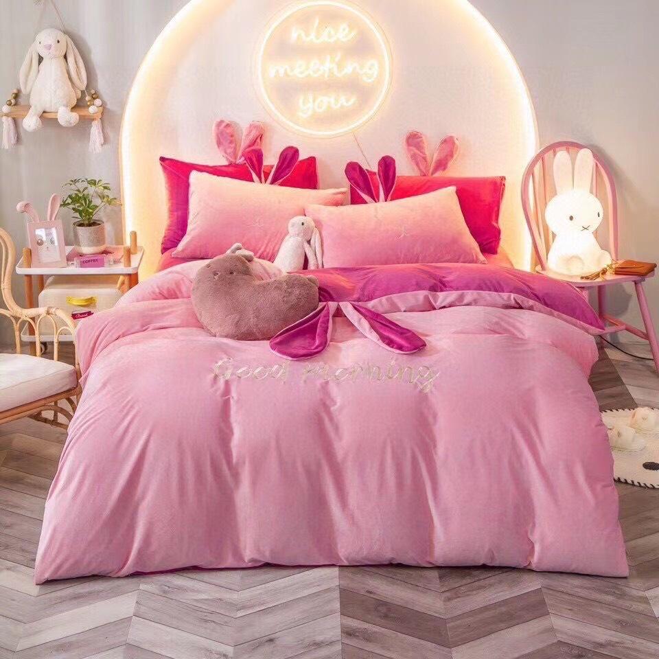 Bộ Chăn Ga Gối Nỉ Nhung HIN BEDDING, Bộ Chăn Ga Gối Nỉ Tai Thỏ Đáng Yêu Mềm Mịn Cao Cấp