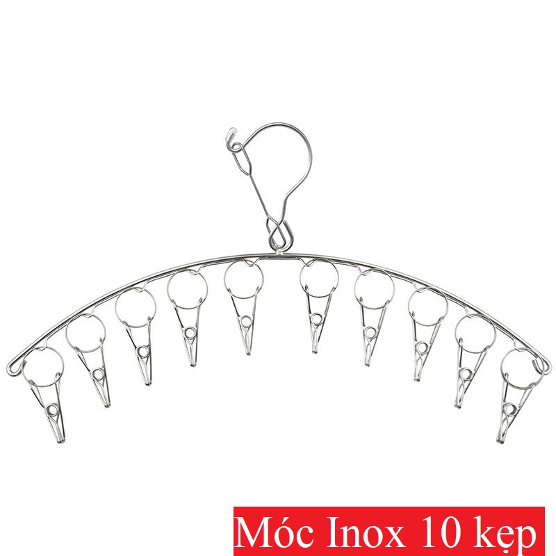 MÓC TREO PHƠI QUẦN ÁO INOX CHỐNG RƠI 10 KẸP CỐ ĐỊNH - Treo đồ nhà tắm, khăn tay, tất vớ, đồ lót