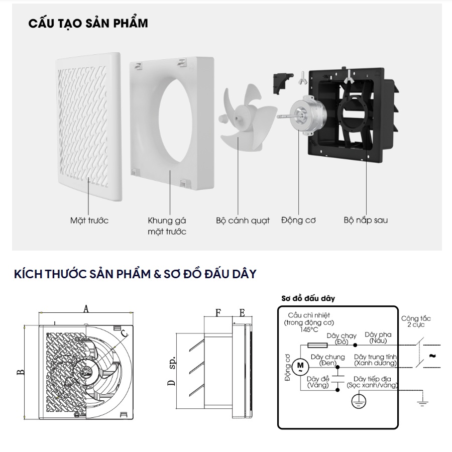 Quạt hút mùi thông gió gắn tường 1 chiều Rạng Đông QHGT01.1C cho nhà bếp, nhà tắm, phòng ngủ - Hàng chính hãng