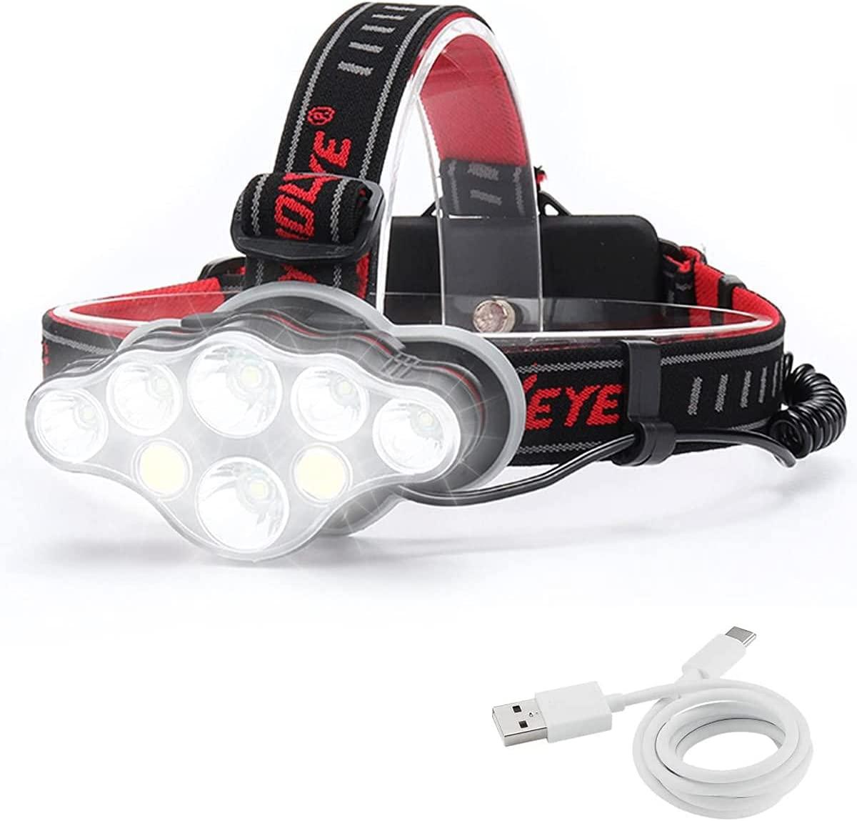 Đèn đèn pha thường nạp, Siêu Lumen 18000, 8 đèn pin LED, đèn pha tự do cánh tay cho cắm trại, câu cá, đạp xe và đi bộ, có chứng nhận chứng minh bơi IPX4