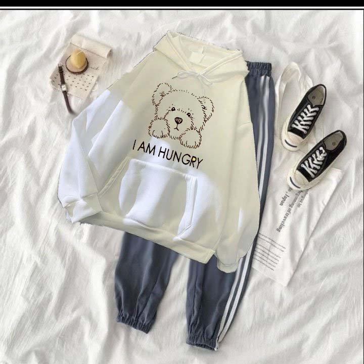 Set bộ áo hoodie nam nữ gấu nâu hunry chất nỉ bông siêu dày , phom rộng size từ 37 đến 65kg kèm quần 2 sọc bo xám