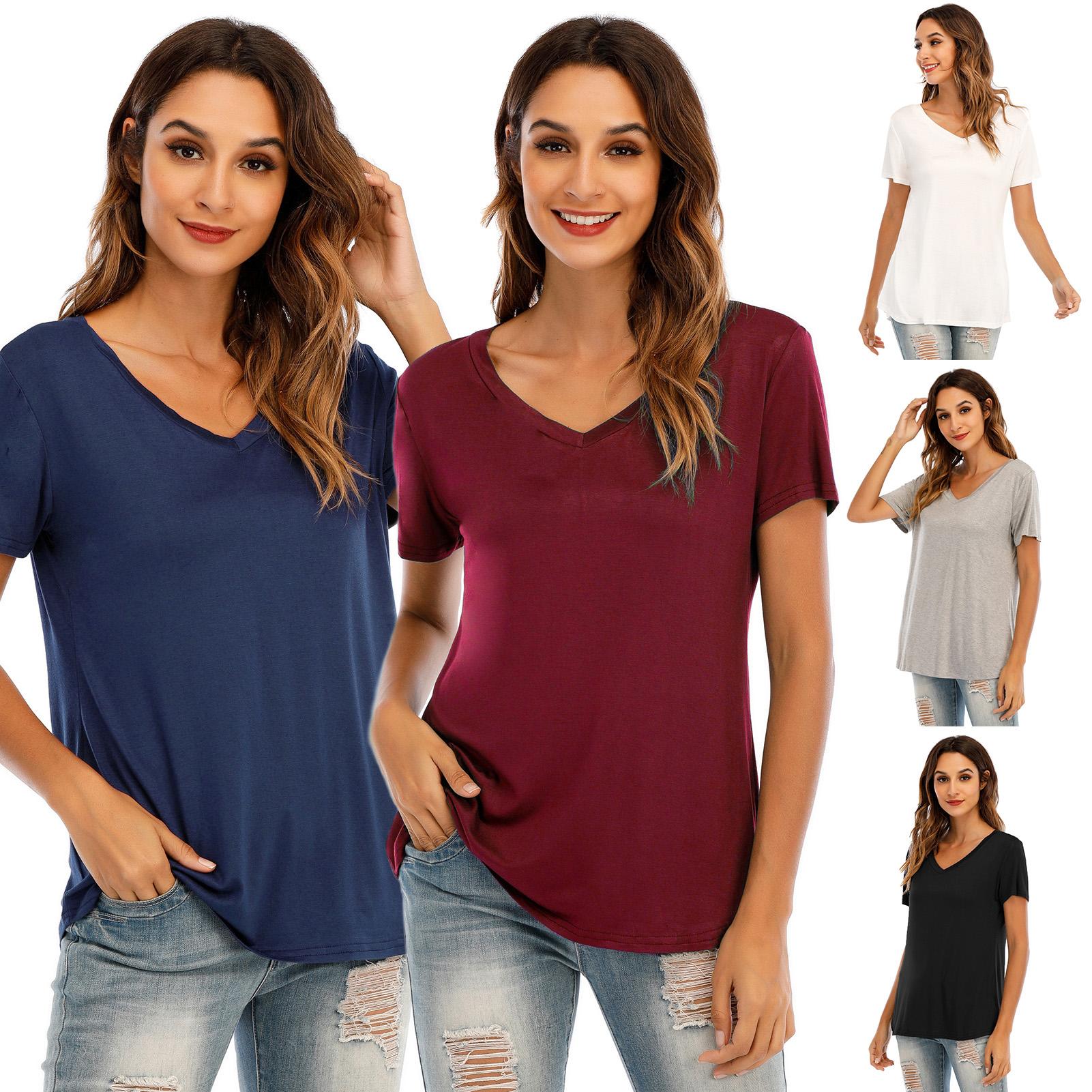New Fashion Women T-shirt Solid Color V Neck Short Sleeve Rounded Hem Long Casual Party Wear Summer Tops