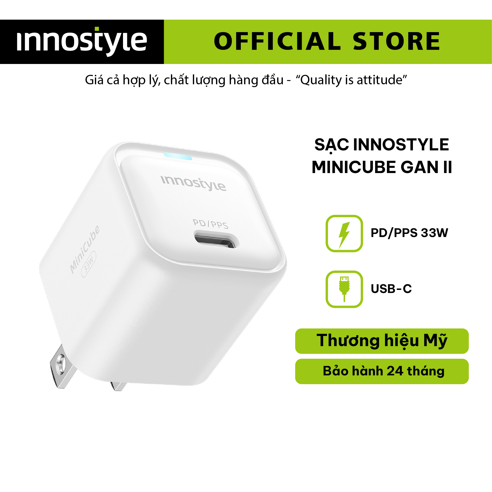CỦ SẠC NHANH CHO IPHONE 14 I 13 I 12 INNOSTYLE MINICUBE GAN II PD/PPS 33W IC33PD - HÀNG CHÍNH HÃNG