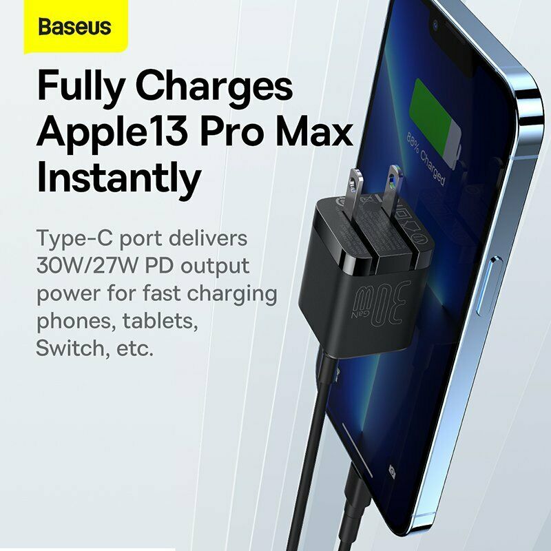Củ sạc siêu nhanh USB C 30W Baseus GaN3 Fast Charger cho iPhone 13,12 Pro Max QC4.0 cho điện thoại Samsung Xiaomi - Hàng chính hãng