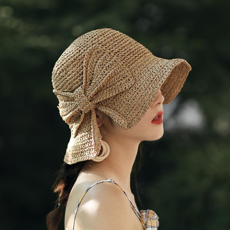 Cha Mẹ-Con 100% Raffia Nơ Hat Rộng Vành Đĩa Mềm Nón Mùa Hè Cho Nữ Đi Biển Panama Ống Hút Dome Xô nón Lưỡi Trai Femme Bóng Nón