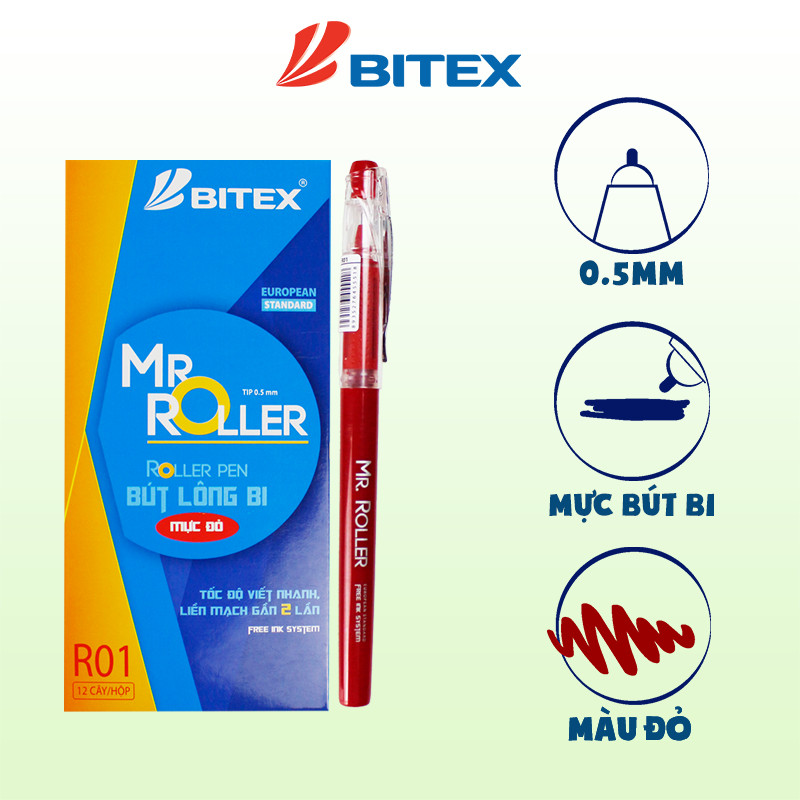 Combo 3 cây Bút lông bi Bitex R01 Xanh / đỏ / đen ngòi 0.5mm