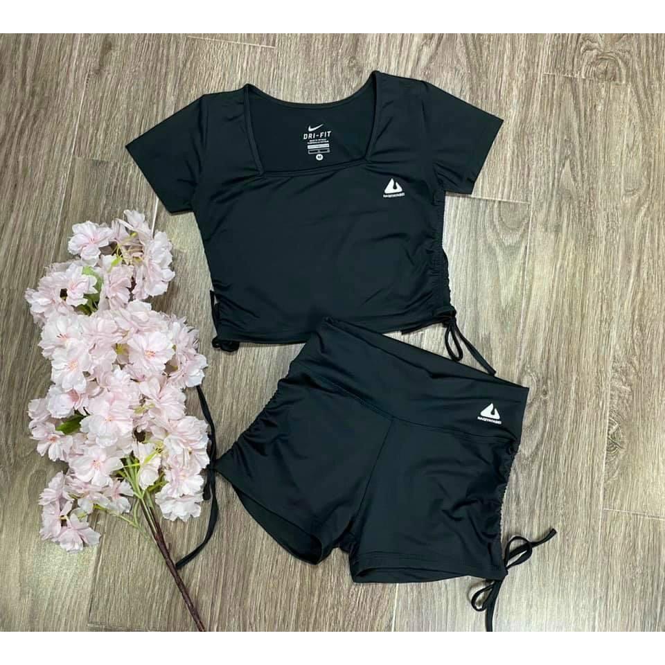 Đồ tập Gym, Sét bộ đùi thể thao nữ cạp cao Bin Sports áo croptop quần đùi có dây rút mã BT0921