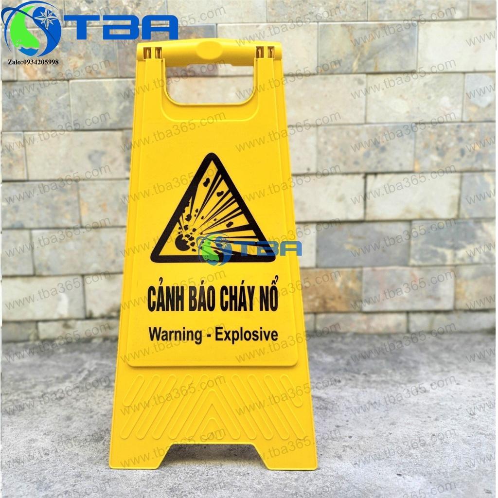 Biển cảnh báo chữ A màu vàng nhập khẩu với nội dung ''CẢNH BÁO CHÁY NỔ''