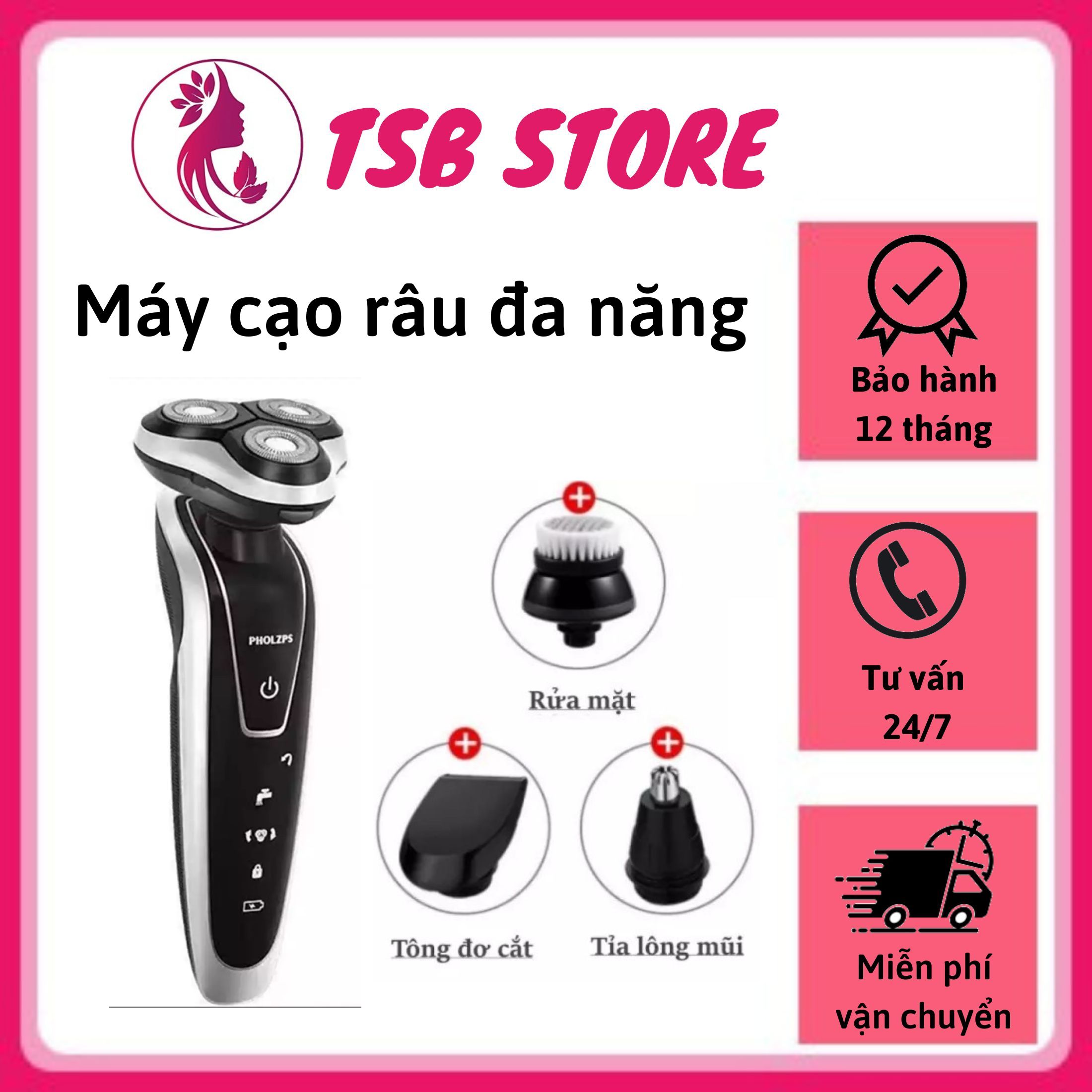 Máy cạo râu đa năng 4 in 1 PHOLZPS thế hệ mới - Máy cạo râu nam cao cấp kèm 4 đầu chức năng cạo râu, cắt tỉa lông mũi, cạo tóc mai, rửa mặt - Máy cạo râu cầm tay 3 lưỡi tháo lắp, vệ sinh dễ dàng