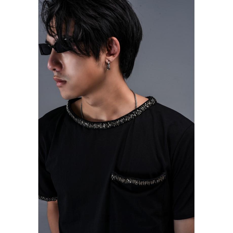 Áo Phông Nam 12.DESTINY Chi Tiết Đính Cườm Chạy Viền Cổ Chất Liệu Premium Cotton Màu Đen
