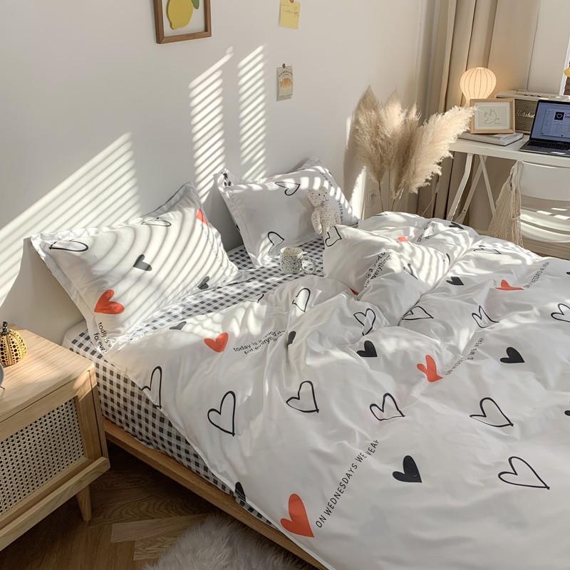 Bộ Chăn Ga Gối Poly Cotton Tim Trắng Caro