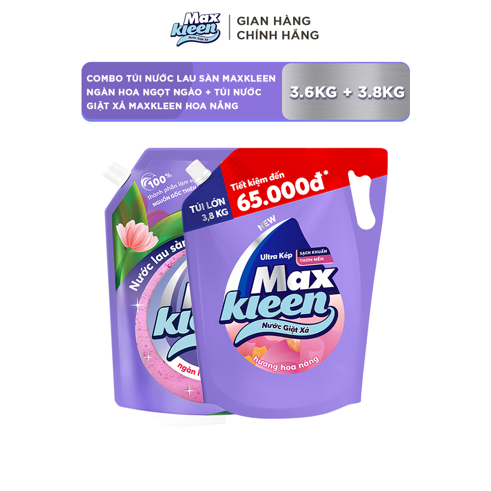 Combo Túi Nước Lau Sàn 3.6kg Ngàn hoa ngọt ngào + Túi Nước Giặt Xả MaxKleen 3.8kg Hoa Nắng