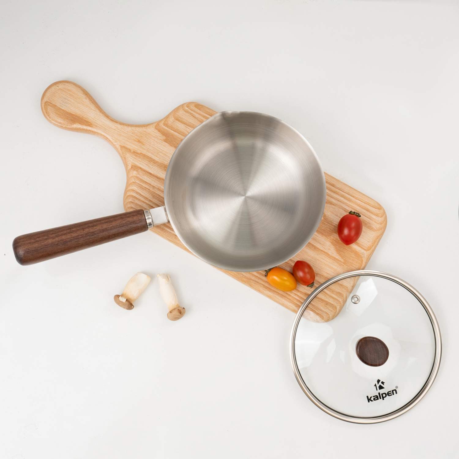 Chảo Inox 3 lớp đúc liền khối miệng rót Kalpen Rinmer 16cm kèm vung kính, bảo hành 5 năm