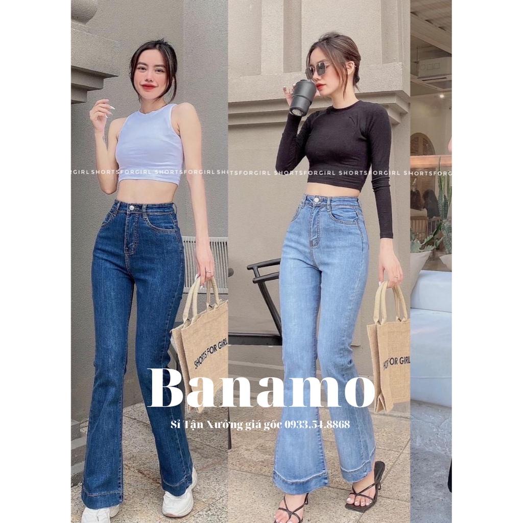 Quần jean nữ thời trang Banamo fashion ống loe cạp cao siêu hack dáng quần bò loe 2 màu 464