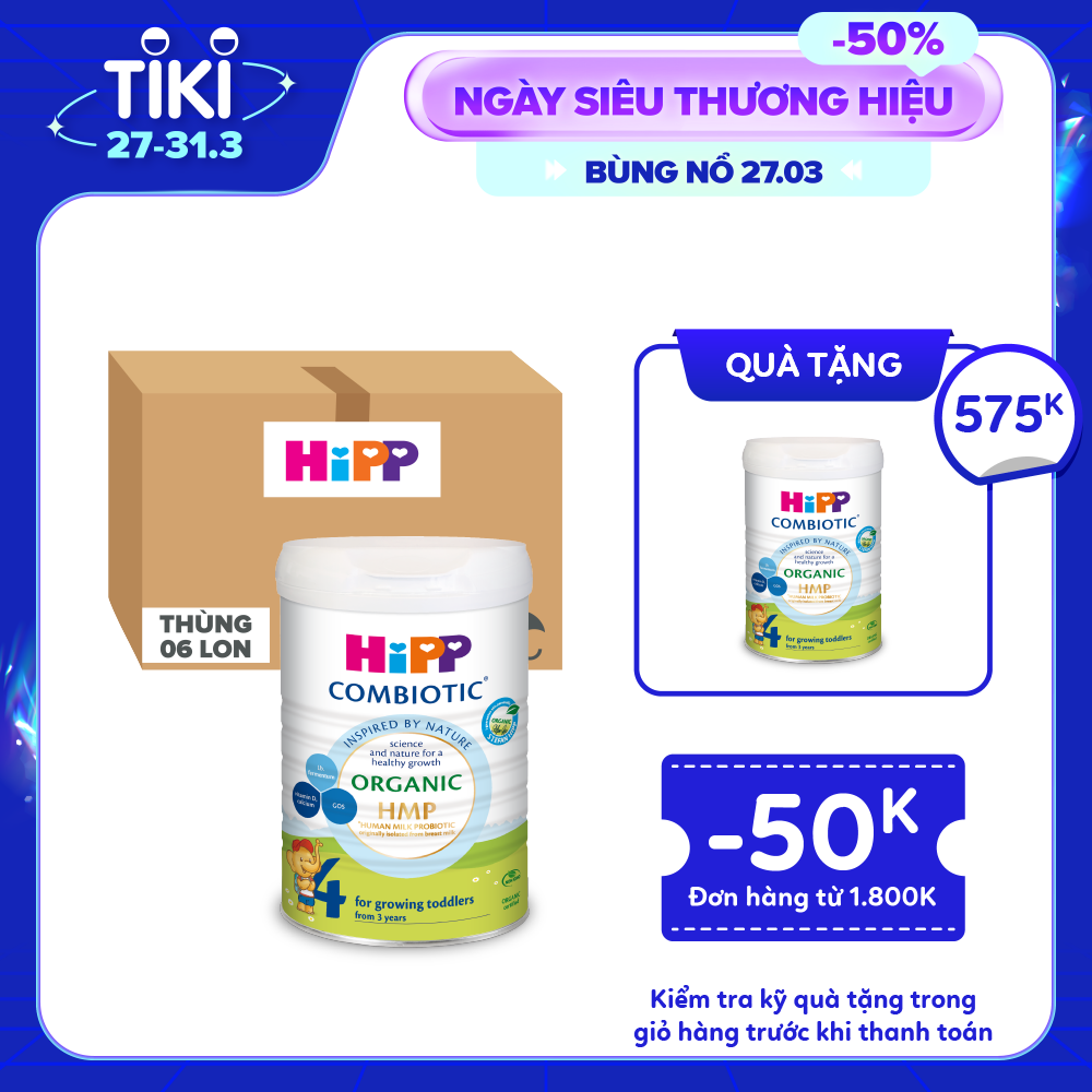 Thùng 6 lon Sữa bột công thức HiPP 4 Organic Combiotic 800g (6 lon x 800g)