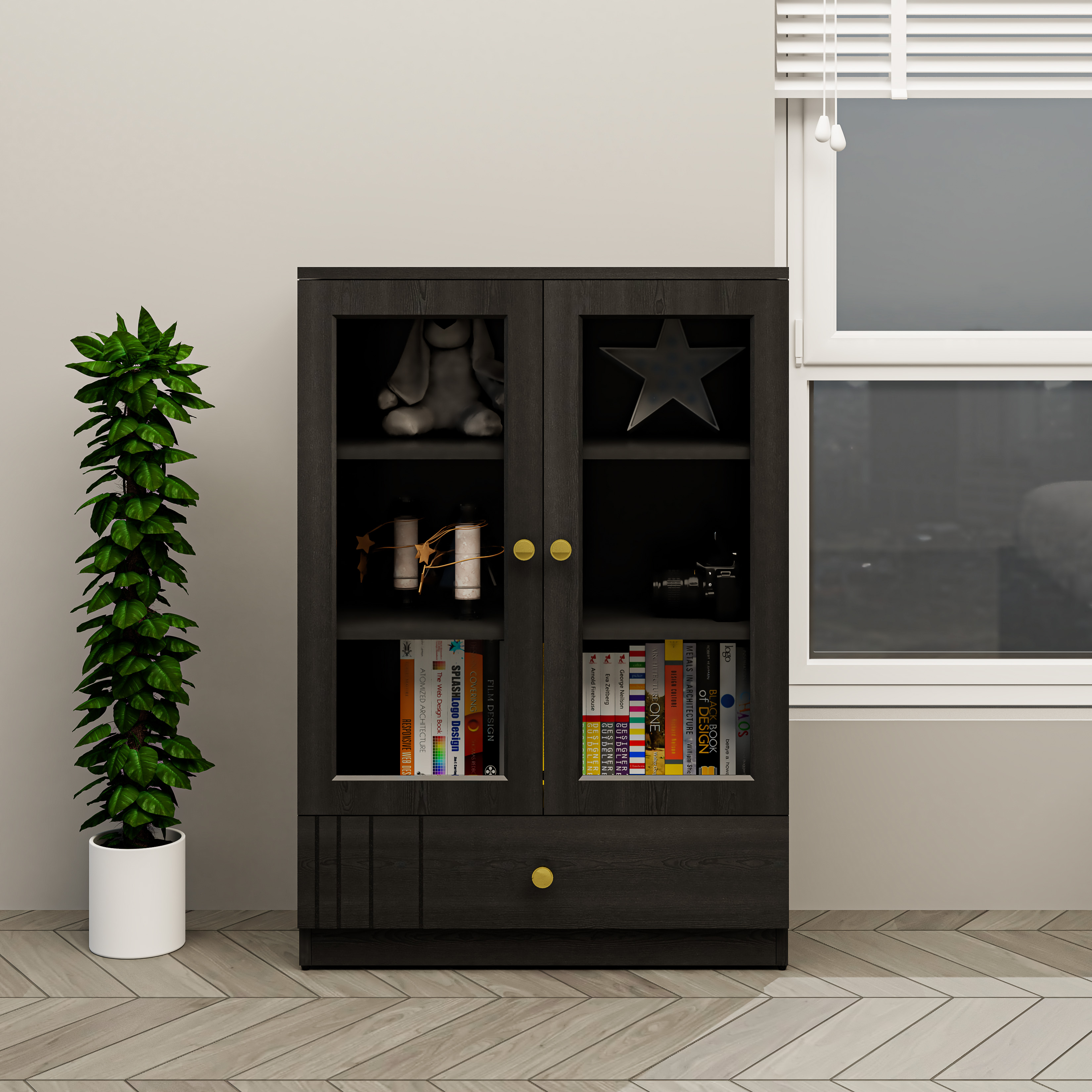 [Happy Home Furniture] JOVIE, Tủ lưu trữ cửa kính 1 ngăn kéo, 70cm x 32cm x 100cm ( DxRxC), TCM_162