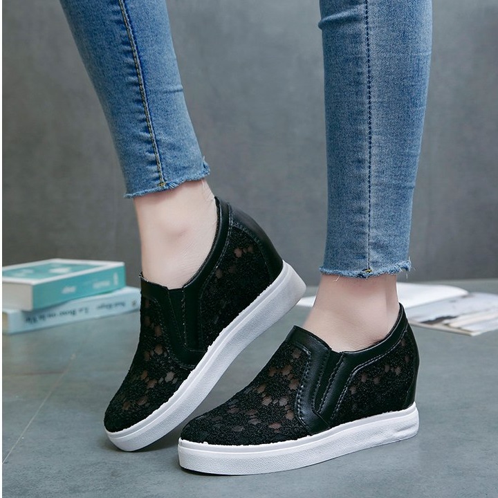 Giày độn đế nữ, giày slip on nữ đế độn lưới V10 phối ren hoa êm chân, hàng Quảng Châu loại 01 S080