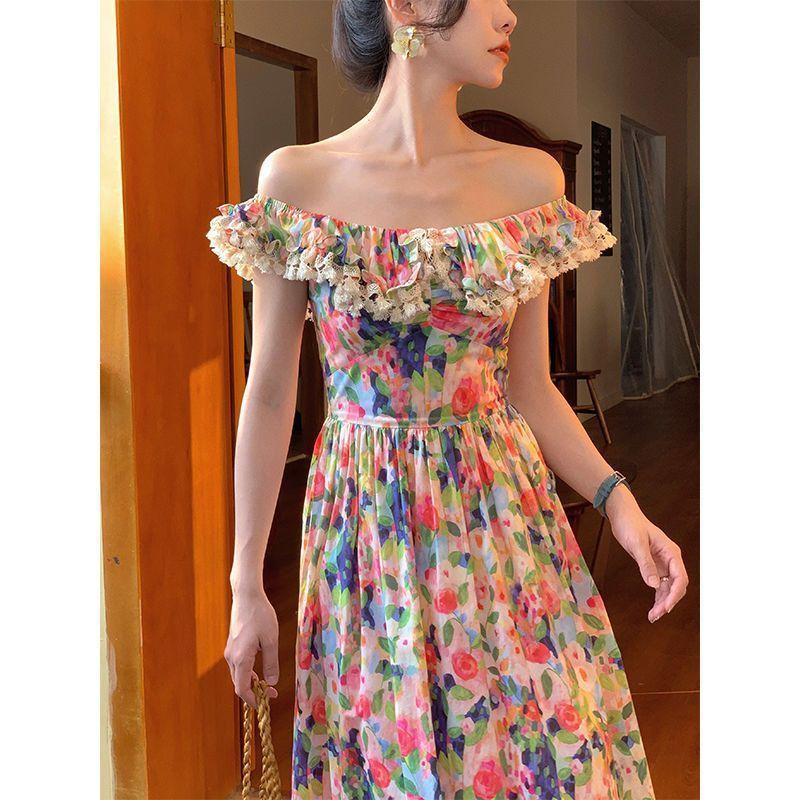 DONGSHOP 2023 Xuân và mùa hè Pháp Vintage váy một chiều vai trà nghỉ váy hở vai tranh sơn dầu in đầm mùa xuân nữ
