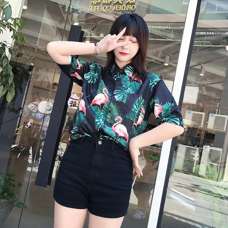 Áo sơ mi ngắn tay in họa tiết chim hồng hạc dễ thương dành cho nữ