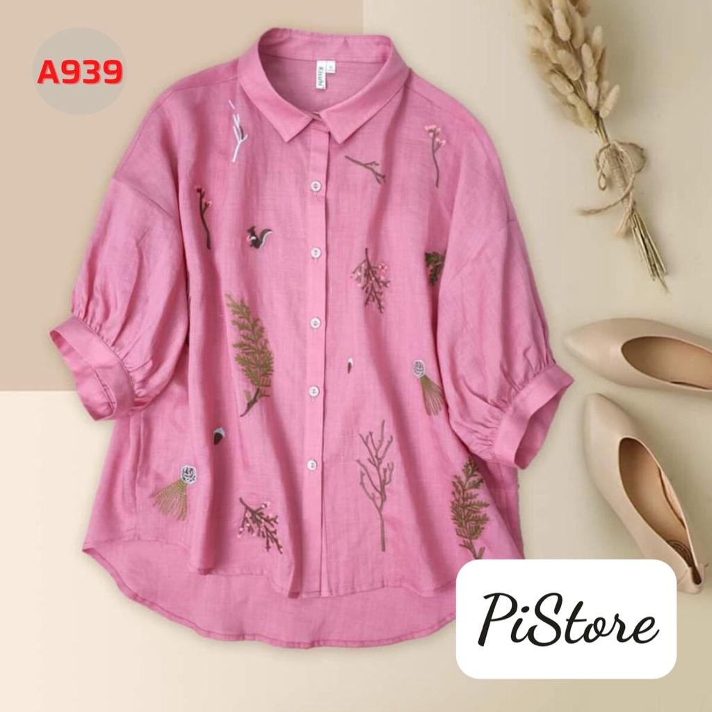 ️Có Big Size️ Áo Sơ Mi Đũi Thêu Hoa Trẻ Trung, Mẫu Áo Kiểu Nữ Thêu Hoa Tay Lỡ Form Rộng Bigsize