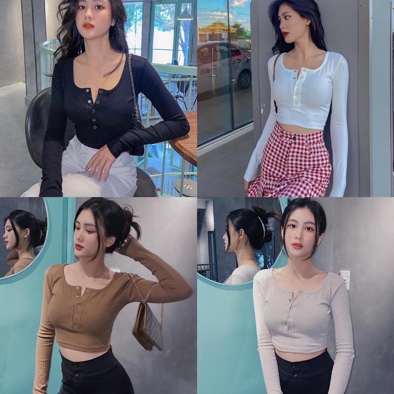 Áo Croptop Nút Bấm Tay Dài Thun Gân Xịn