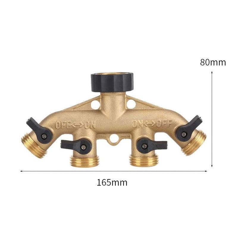 Bộ chia ống 4 chiều bằng đồng thau nguyên khối có van ngắt, vòi định vị và đầu ra 3/4", có thể sử dụng tối đa 4 ống cùng lúc.