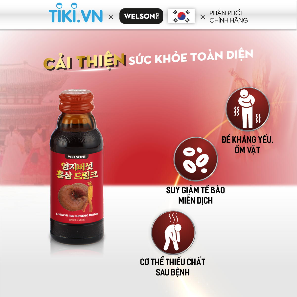 Linh Chi và Hồng Sâm Hàn Quốc Tăng Sức Đề Kháng Welson Lingzhi Red Ginseng 1 chai 100ml