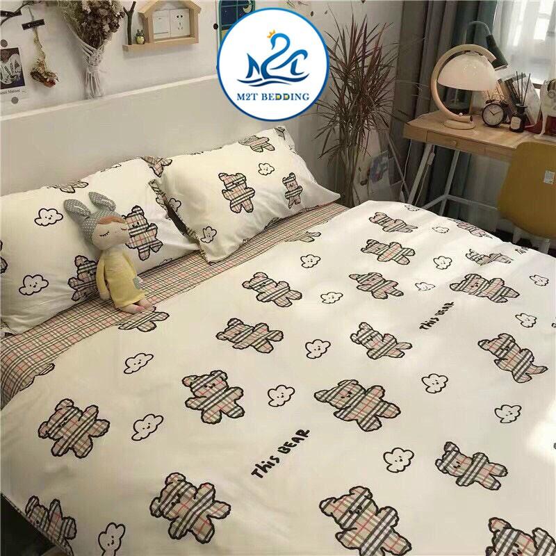 Bộ chăn ga gối Cotton poly M2T bedding Gấu trắng BBR, vỏ chăn mền, drap nệm và 2 vỏ gối