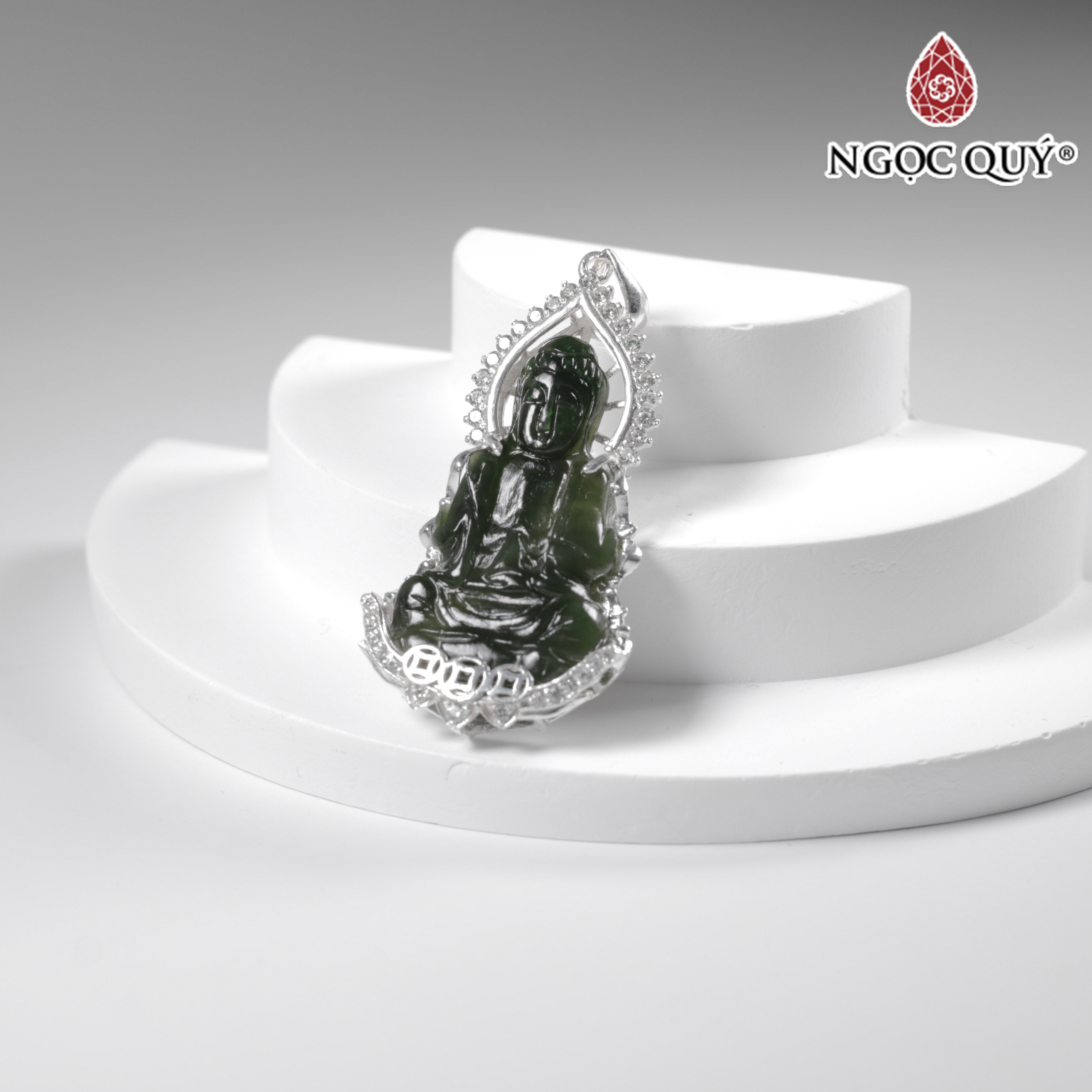 Mặt dây chuyền phật bà ngọc bích bọc bạc 48x27mm mệnh mộc, mệnh hỏa - Ngọc Quý Gemstones