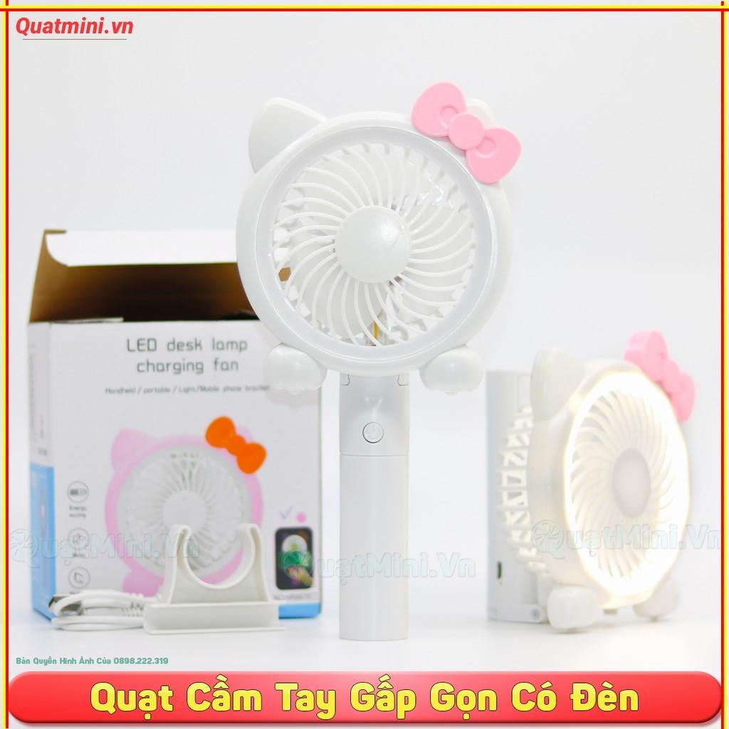 Quạt cầm tay gấp gọn LED FAN hình mèo Kitty 3 TỐC ĐỘ có đèn và đế cắm điện thoại (HOT 2020)